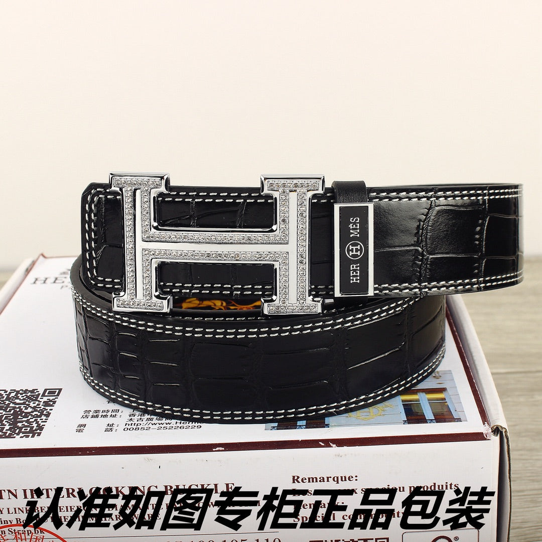 HM Original Belt 38mm Black Crocodile Pattern Sliver Buckle 620265
