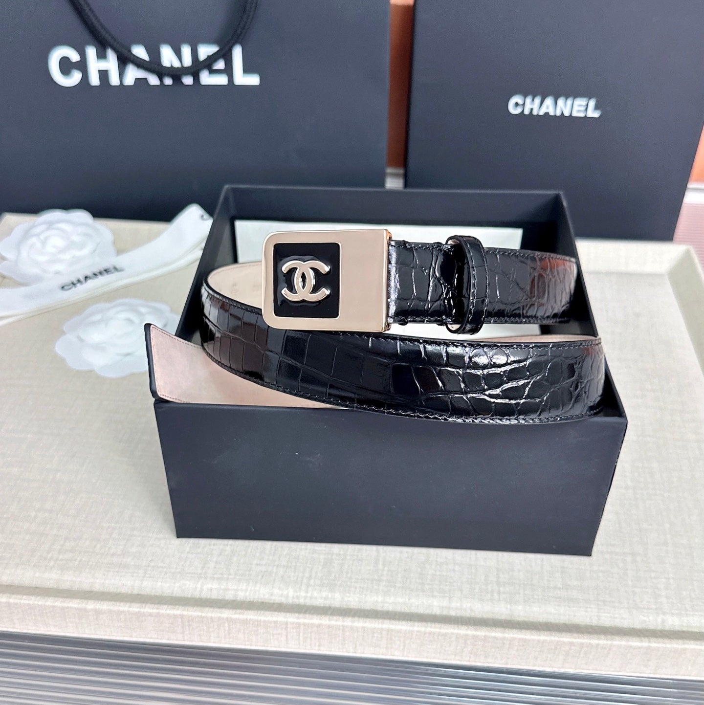 CC 3.0cm Belt Black Crocodile-Embossed 209363