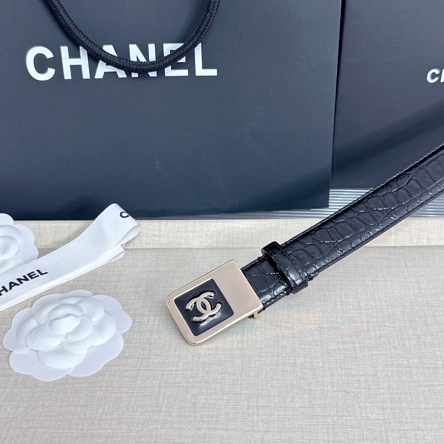 CC 3.0cm Belt Black Crocodile-Embossed 209363